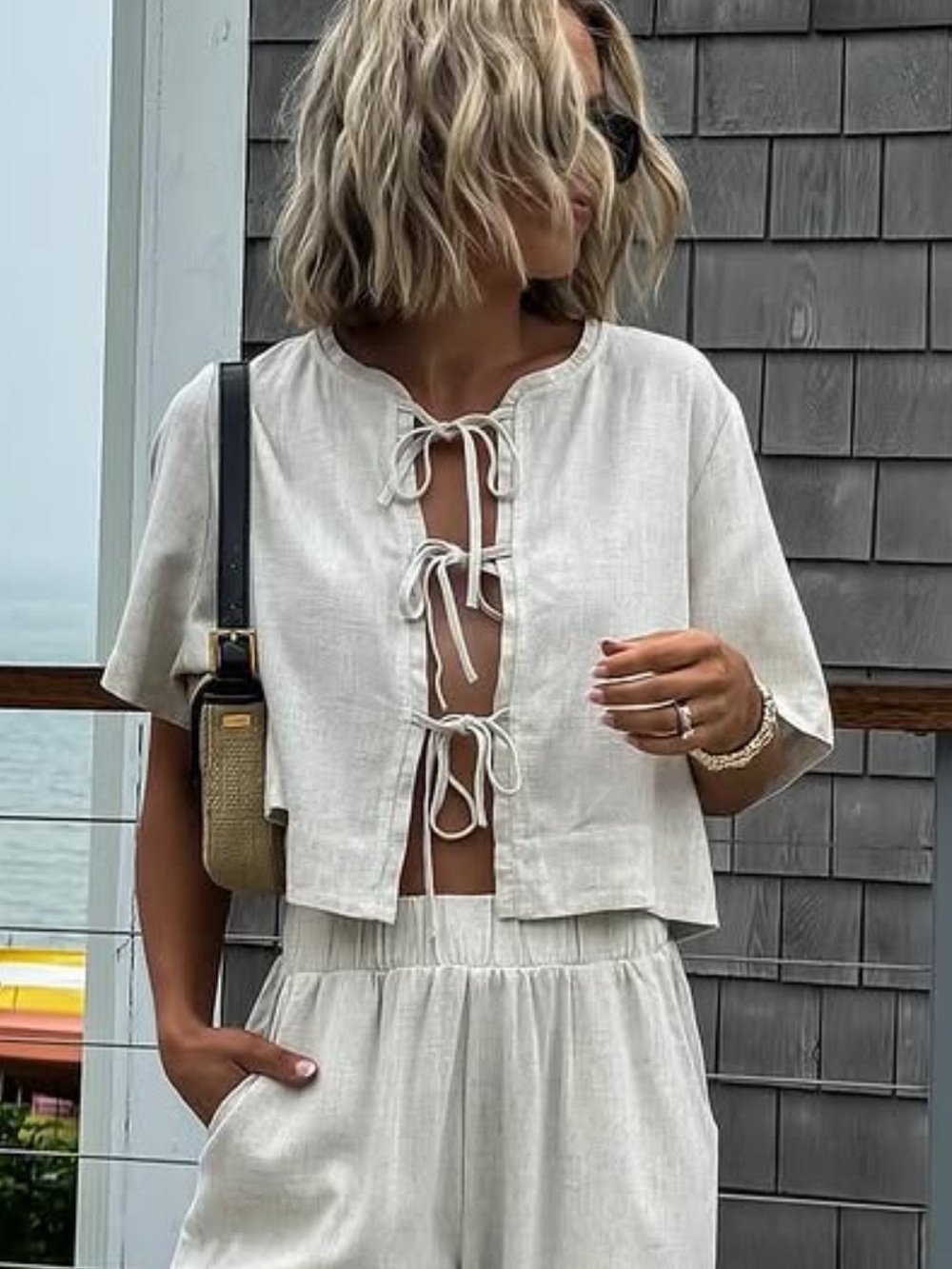 NWOT Candidly Chan Reversible Linen Tie-up Boxy Top in Natural